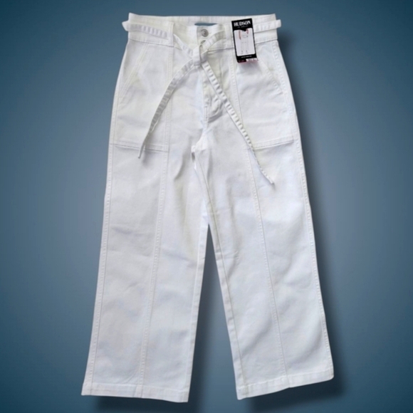 Hudson Jeans Women Wide-Led White Pants Premium Stretch Denim in Trendy Size 8 - Picture 5 of 13